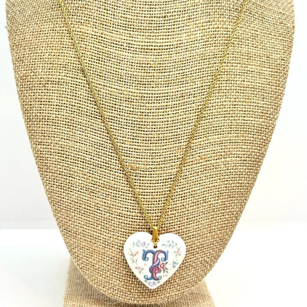 VINTAGE AVON Necklace Heart White Porcelain Floral Monogram T Initial Pendant